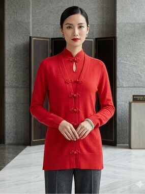 Shanghai Tang Red Cashmere/Wool Knit Sweater Set Mandarin Collar Twinset